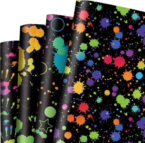 AnyDesign 12 Sheet Colorful Wrapping Paper, 4 Designs Black Neon Art, 19.7 x 27.6 Inch for DIY Gift Wrap