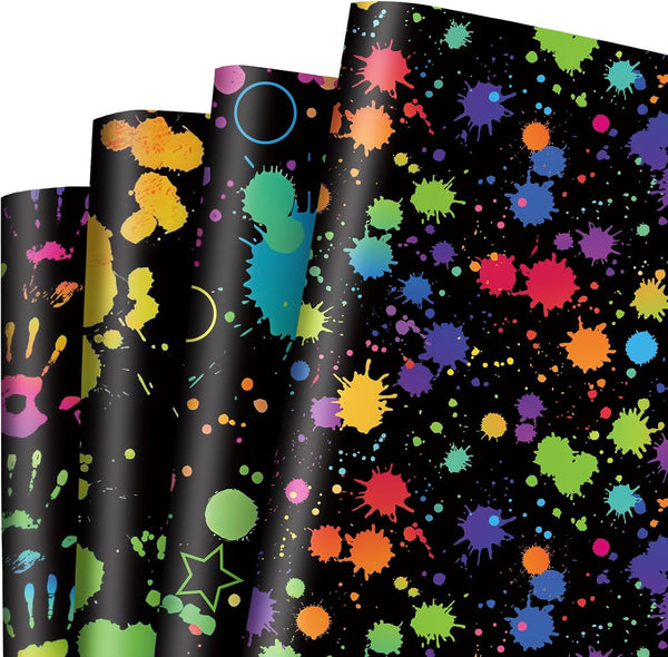 AnyDesign 12 Sheet Colorful Wrapping Paper, 4 Designs Black Neon Art, 19.7 x 27.6 Inch for DIY Gift Wrap