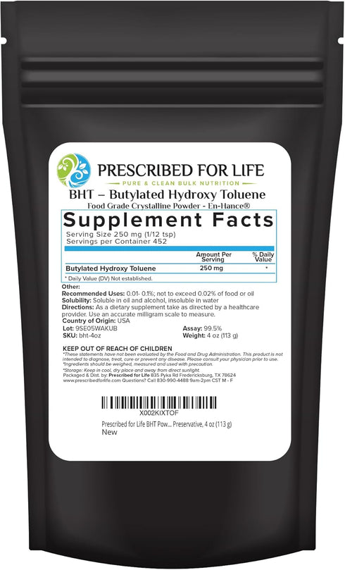 Prescribed For Life BHT Powder, Powdered Butylated Hydroxytoluene for Food Preservation, Vegan, 4oz