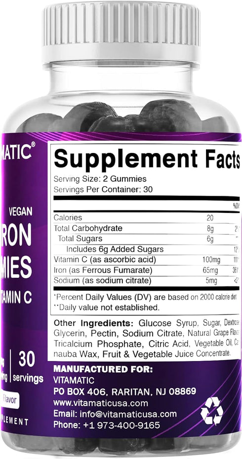 Vitamatic Iron 65 mg Gummies - 60 Vegan Gummies with Vitamin C, Great Tasting Iron Supplement for Women & Men