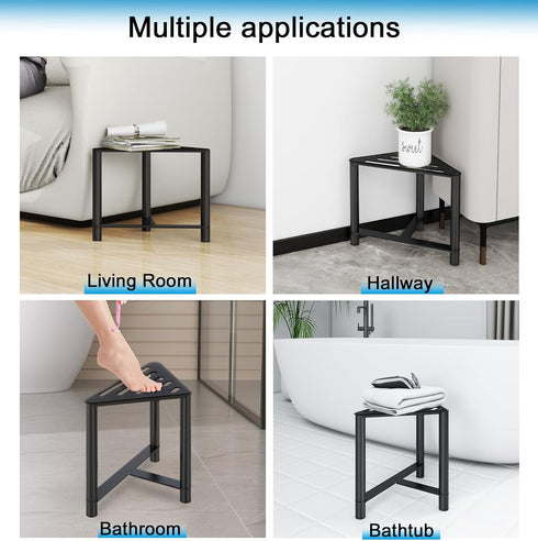 13.78" Shower Stool for Inside Shower, D Stainless Steel Shaving Foot Rest, Waterproof Corner Bench, Black Seat