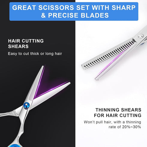 Hair Cutting Scissors and Thinning Shears, 6.5in Professional Stainless Steel Barber Scissors with Sharp Blades, Ergonomic Hairdressing Scissors for Men Women Kids and Pets Hair by Hachacha