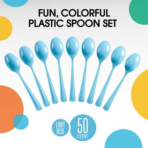 50 Pcs Heavy Duty Light Blue Disposable Plastic Spoons, Light Blue Plastic Cutlery