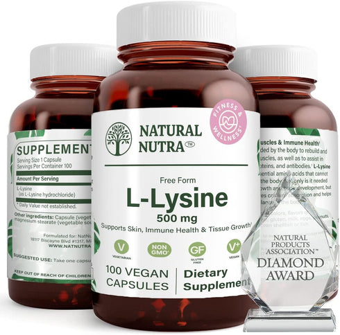 Natural Nutra L Lysine HCl, 500 mg, 100 Capsules - Promotes Bone Health, Skin Health & Collagen