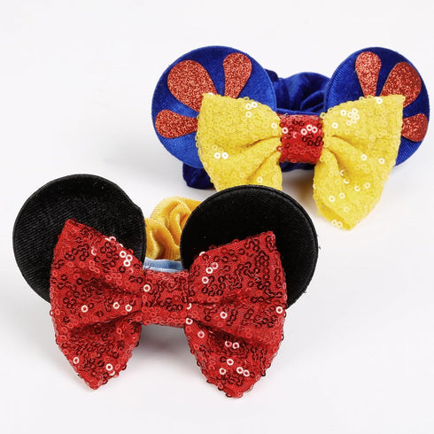 Cute Snow White Mouse Ear Hair Scrunchies for Girls, Velvet Hair Bow Ties, Ponytail Party Favors, Cosplay Accessories