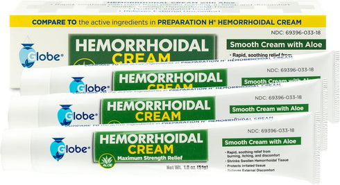 Globe Hemorrhoid Cream (2 Pack, 1.8 Ounce Tube) with Aloe for Relief from Hemorrhoids, Itching, Burning, Discomfort