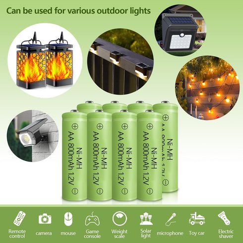 JINTION Solar Rechargeable Ni-MH AA Batteries, 800 mAh, Double A for Solar Lights, 8 Pack