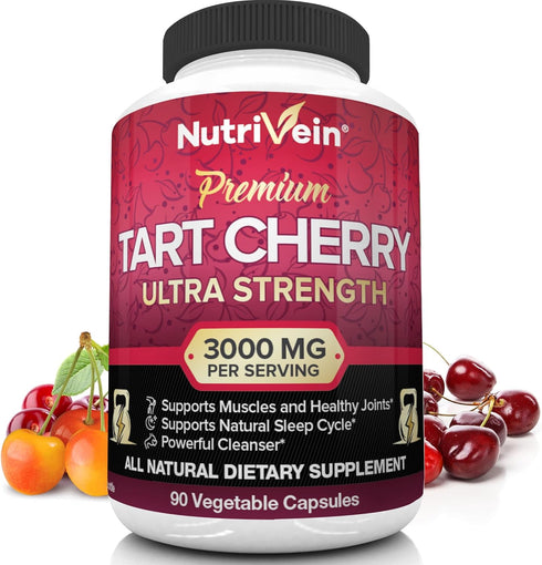 Nutrivein Tart Cherry Capsules 3000mg - 90 Vegan Pills for Pain Relief, Muscle Recovery, Uric Acid Cleanse