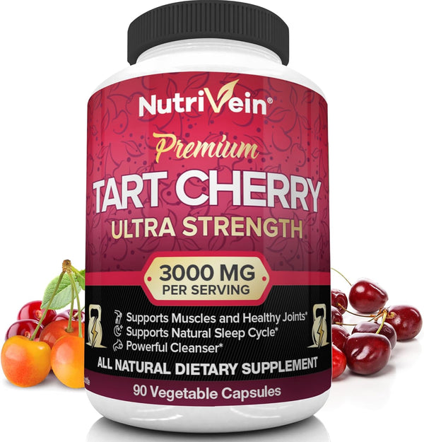 Nutrivein Tart Cherry Capsules 3000mg - 90 Vegan Pills for Pain Relief, Muscle Recovery, Uric Acid Cleanse