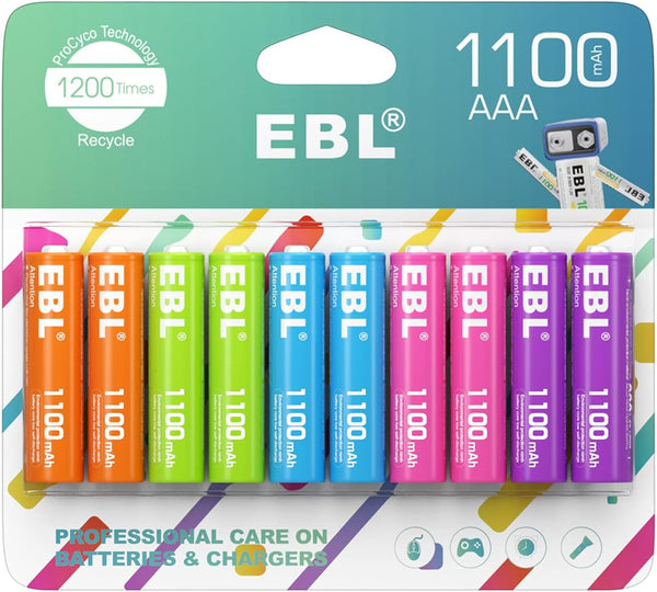 EBL Rechargeable AAA Batteries 10 Pack, 1.2V NiMH Pre-Charged Triple A 1100mAh Battery
