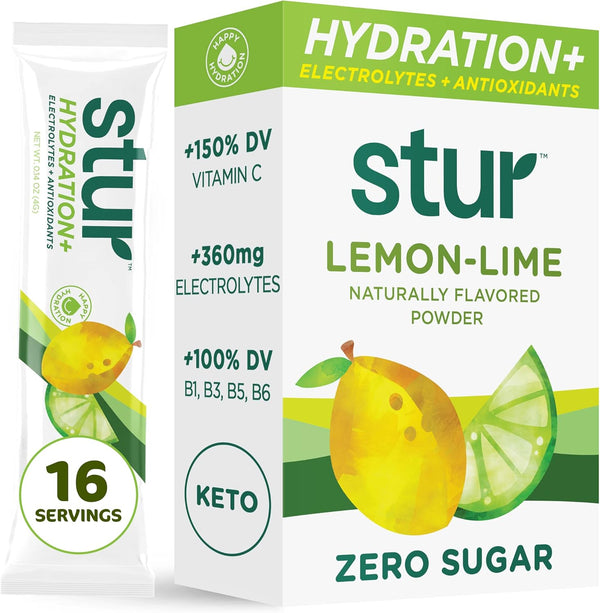 Stur Electrolyte Hydration Powder | Lemon Lime | 16 Packets, High Antioxidants & B Vitamins, Sugar Free