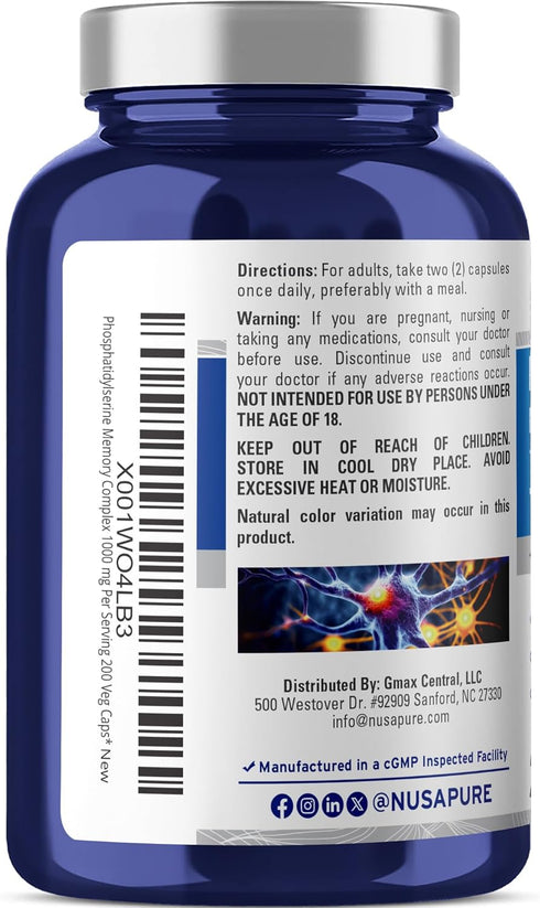 NusaPure Phosphatidylserine Memory Ultimate Complex 1000mg, 200 Vegetarian Caps (Vegan, Non-GMO)