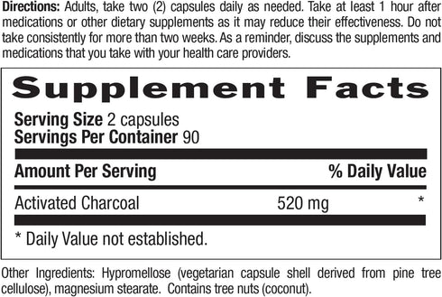 Country Life Organic Activated Charcoal Capsules, 260mg, 180 Vegan Capsules for Gas and Bloating Relief