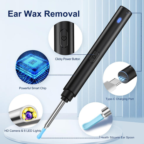 Ear Wax Removal Kit with Camera, 1296P HD Ear Otoscope with 6 LED Lights for iPhone, iPad & Android