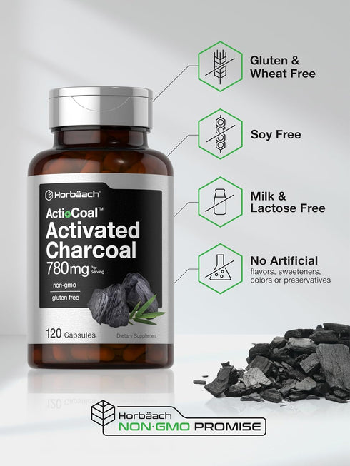 Horbaach Charcoal Pills 780mg | 120 Capsules | Activated Charcoal from Coconut Shells, Non-GMO, Gluten Free
