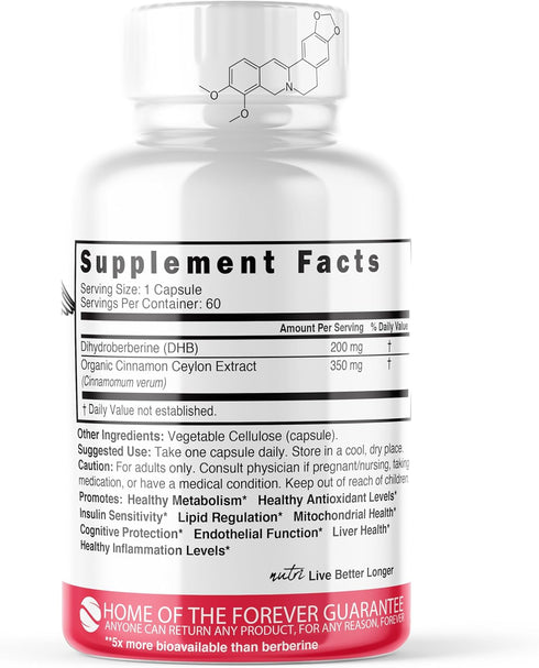 Dihydroberberine Supplement 200mg 60 Capsules - With Ceylon Cinnamon - 5X More Effective Than Regular Berberine HCL - Super Berberine with Ceylon Cinnamon - Dihydroberberine with Ceylon Cinnamon