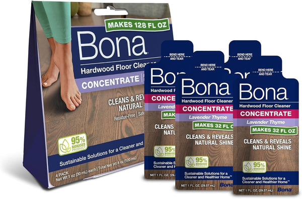 Bona Hardwood Floor Cleaner Concentrate - Lavender Thyme Scent, 1 fl oz, Pack of 4 (Makes 128 fl oz) - Residue-Free