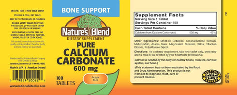 Nature's Blend Pure Calcium Carbonate 600 mg 100 Tabs (1684)