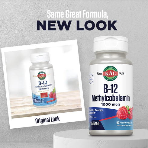 KAL Vitamin B12 Methylcobalamin 1000mcg, Healthy Energy, Metabolism, Nerve & Red Blood Cell Support,* Fast Dissolve ActivMelt, Optimal Absorption, Natural Raspberry Flavor, 90 Servings, 90 Micro Tabs