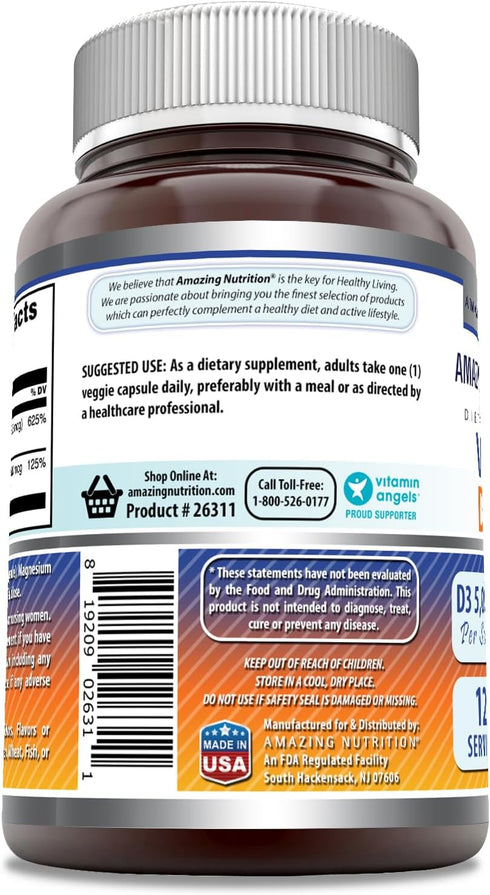 Amazing Formulas Vitamin D3, 5000 IU with Vitamin K2, 120 Veggie Capsules Supplement, Non-GMO, Gluten Free, Made in USA