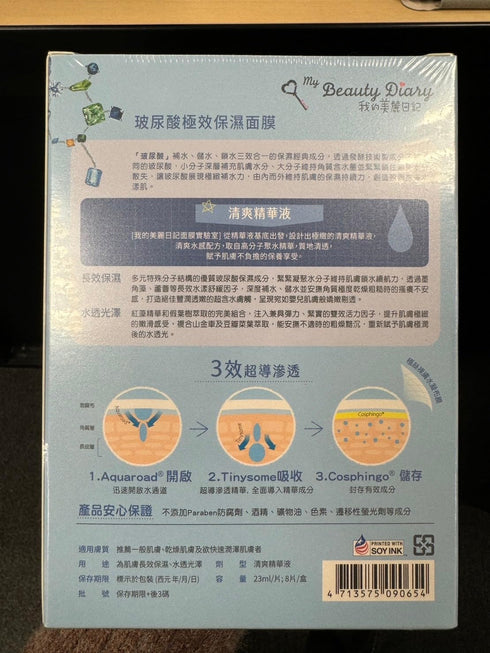 My Beauty Diary Hyaluronic Acid Facial Mask, 8 Combo Pack, Hydrating Water Type with Collagen