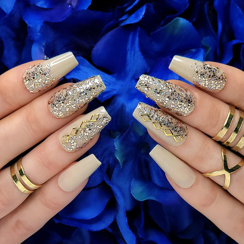 Hypnaughty 24 Pcs Vegas Gold and Nude Luxury Coffin Press On Fake Nails with Glitter Design and Glue, Ombre Glitter