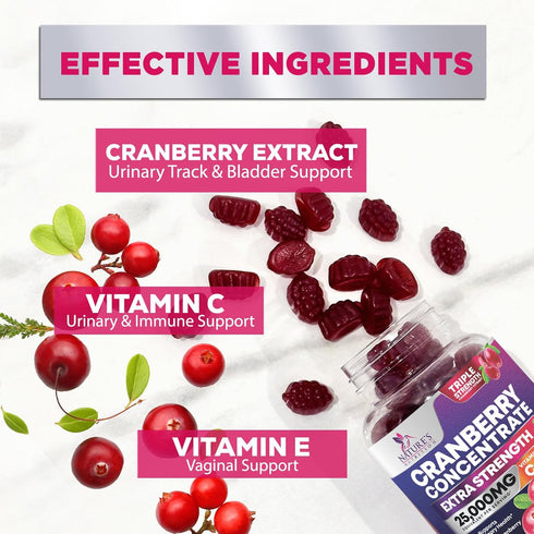 Cranberry Gummies - Urinary Tract Health Gummy + Vitamin C - 25,000mg Triple Strength Cranberry Concentrate Extract