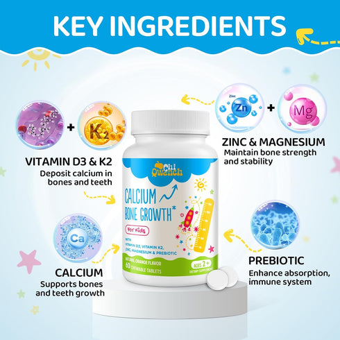 500 MG Calcium Supplement with Vitamin D3 & K2 - Kids Vitamins for Height, High Absorption, 120 Chewable Tabs