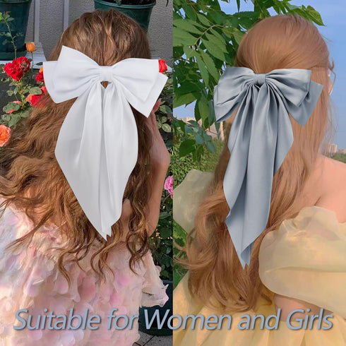 Velscrun Hair Bows for Women and Girls - 4Pcs White Silky, Navy Blue Satin, Grey Big Hair Bows