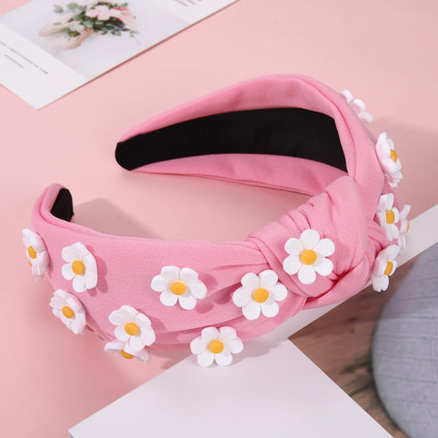 NVENF Flower Headbands for Women, Spring Summer Floral Knotted Headbands, Crystal Rhinestone White Pink, Beach