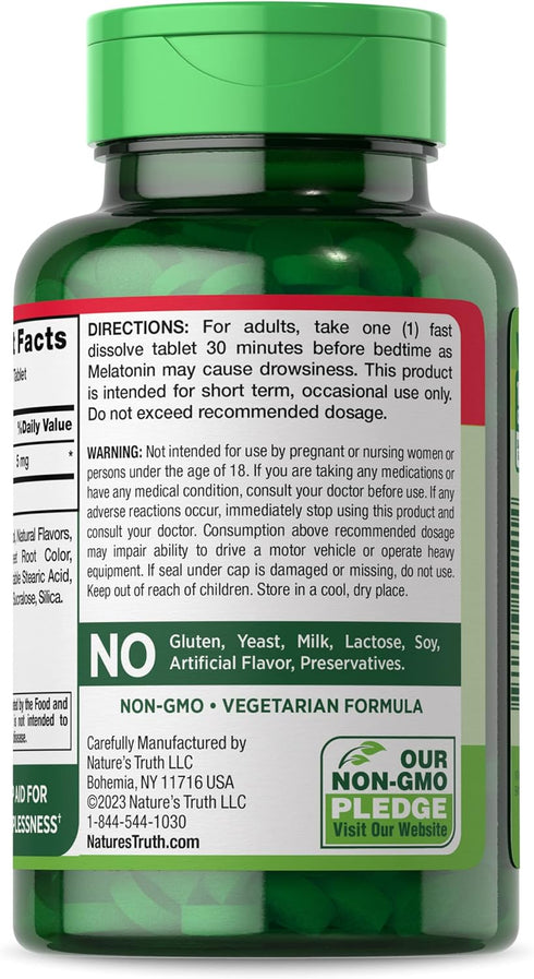 Melatonin 5mg - 200 Fast Dissolve Tablets, 100% Drug Free Supplement, Non-GMO & Gluten Free, Natural Berry Flavor by