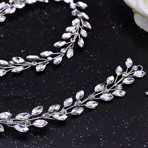 Wedding Bridal Crystal Long Hair Vines Head Piece, Beaded Bohemian Jewelry Headband (Short Silver-50cm)