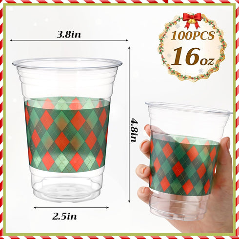 Tiangrid 100 Pack 16 oz Red and Green Plaid Plastic Cups Disposable Checkered Spring Party Cups Bulk for Picnic Rustic
