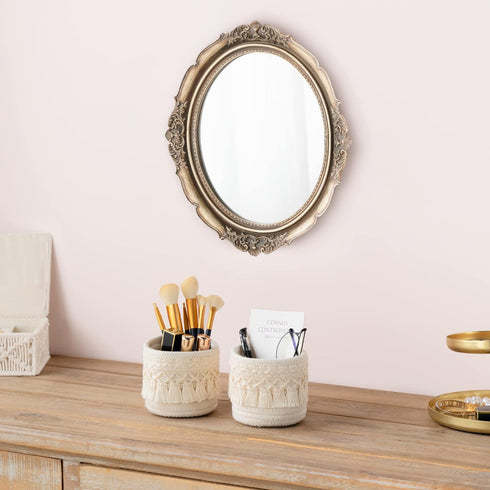 Mkono Macrame Makeup Brush Holder Organizer, Set of 2 Boho Decor Baskets for Pen Pencil Box Container, Ivory