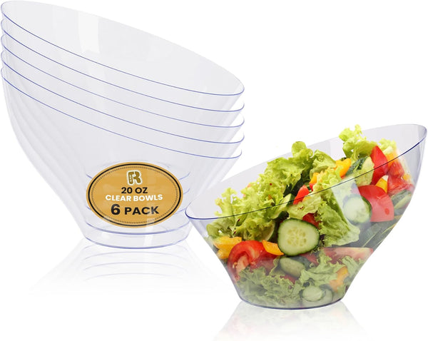 R-kay 6 Pack Angled Plastic Serving Bowls, Clear 20 Oz Disposable Bowls for Weddings, Catering, Birthday Parties