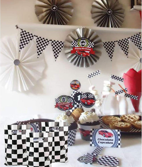LYT 30 PCS Black and White Checkered Racecar Gift Bags - Birthday Party Supplies for Kids Race Car Theme