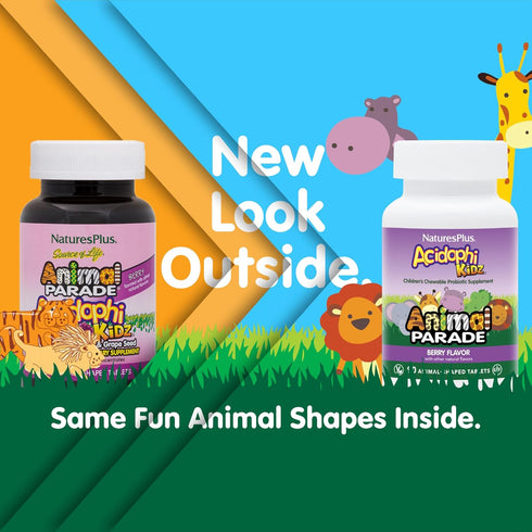 Natures Plus Animal Parade AcidophiKidz, Berry Flavor - 90 Chewable Tablets with Probiotics, FOS & Grape Seed
