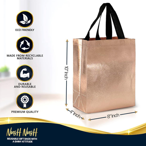 Nush Nush Rose Gold Gift Bags, Medium Size, Set of 12 Reusable Gift Bags with Handles, Pink Gift Bags