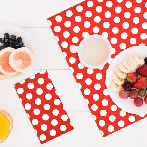 DYLIVeS 100 Pack Red and White Polka Dots Guest Towel Napkins, 3-Ply Disposable Dinner Napkins for Parties & Events