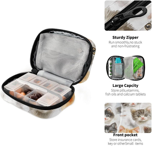 Ollabaky 7 Pill Organizer Cute Kittens Cartoon Cats Travel Pill Cases Bag Portable Pill Container Days Pill Box
