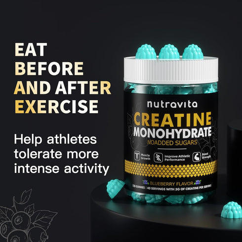 Creatine Monohydrate Gummies, 5g Per Serving, Sugar Free, Vegan, Blueberry Flavor, 120 Count