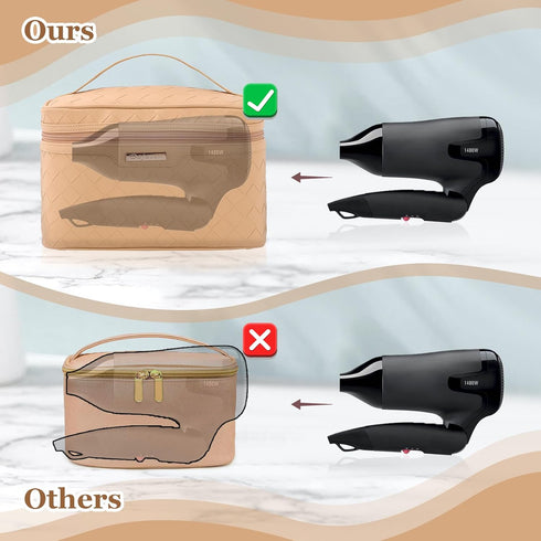 Dajasan Large Capacity Makeup Bag, Travel Makeup Organizer Bag, Portable PU Leather Toiletry Bag for Women (Khaki)