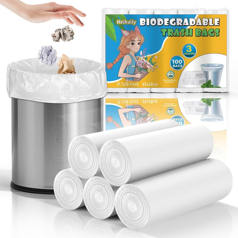 heihaily 3 Gallon Small Biodegradable Trash Bags - Clear White 100 Count Waste