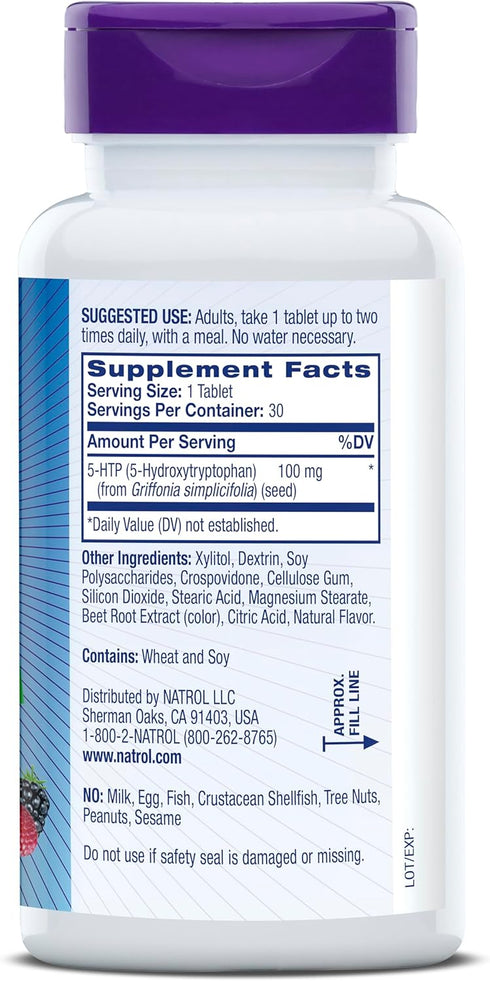 Natrol 5-HTP 100mg, Drug-Free Dietary Supplement for Balanced Mood, 30 Fast Dissolve Tablets, Mixed Berry Flavor