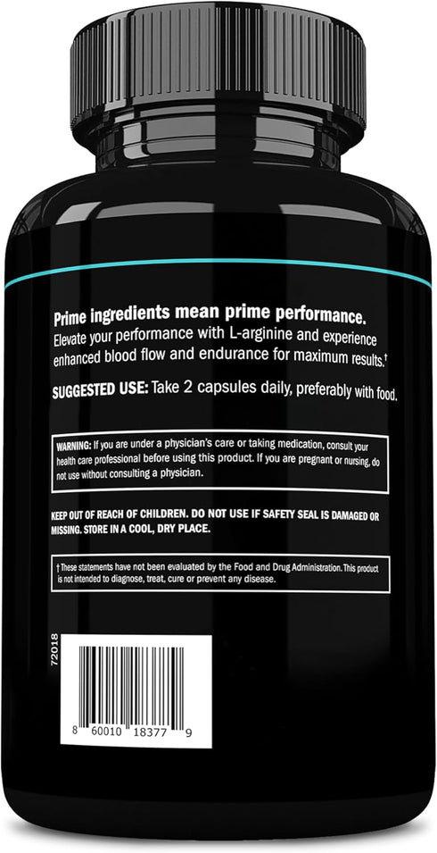Prime Labs L Arginine Nitric Oxide - 1500mg L-Arginine - Supports Blood Flow, Energy, Strength, Endurance - 60 Capsules