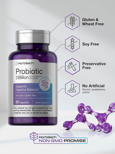 Horbaach Probiotic for Women & Men's Digestive Health | 3 Billion CFU | 90 Capsules | Non-GMO & Gluten Free