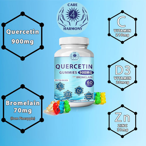 (3 Pack) Quercetin Gummies - Quercetin with Bromelain, Vitamin C + Zinc, Vitamin D3 - Chewable 900mg Supplements for