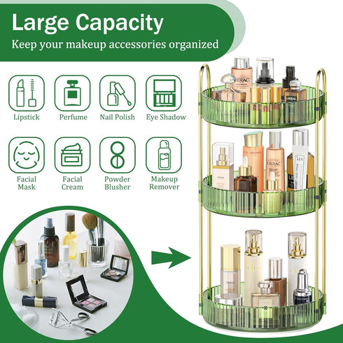 Mokani 360 Rotating Makeup Organizer, 3 Tier Adjustable Perfume Organizer for Vanity, Green