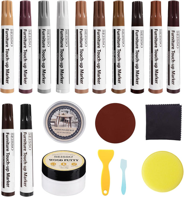 SEISSO Wood Furniture Repair Kit, 12pcs Touch Up Markers and Wood Putty, Hardwood Floor Repair Kit