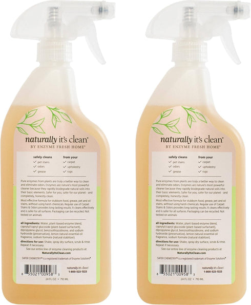 naturally it's clean Carpet Stains & Odors Cleaner; Plant Based Enzyme Safely Cleans Pet/Food Stains, Grease & Ink from Carpets, Rugs, Upholstery & Drapery, 24oz Spray Bottle x 2 Pack